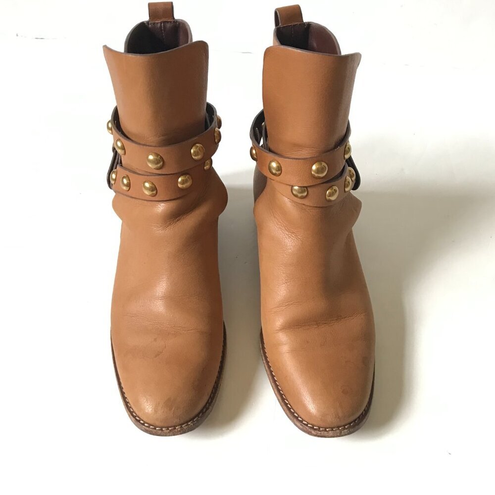 See by Chloe Janis Ankle Wrap Moto Boots Womens 38 8 Camel Tan Leather Studded - Picture 5 of 12